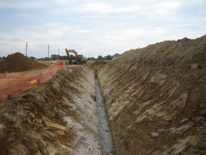 Sewer line ready for inspection at the new subdivision in Flower Mound, TX